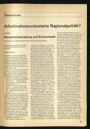 Rezensionen: Arbeitnehmerorientierte Regionalpolitik?