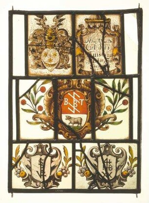 Kompositscheibe mit vier Wappenschilden aus verschiedenen Glasmalereien, oberes Wappen wohl Carl Otto Fürstenau, Pastor zu Steinfeld