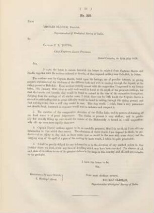 No. 269. From Thomas Oldham, esquire, superintendent of geological survey of India, to captain C. B. Young, chief engineer, lower provinces
