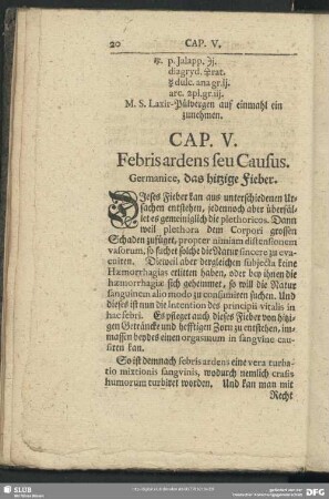 Cap. V. Febris ardens seu Causus. Germanice, das hitzige Fieber