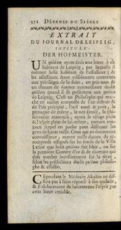 Extrait Du Journal De Leipzig, Intitulé: Der Hofmeister