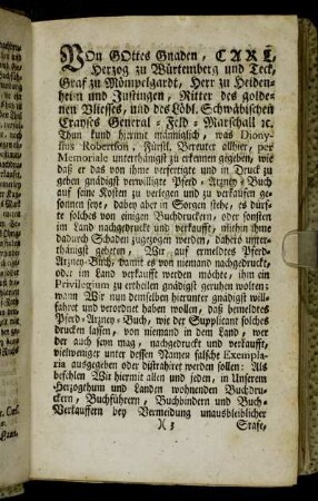 Von Gottes Gnaden, Carl, Herzog zu Würtemberg und Teck[...]