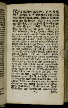 Von Gottes Gnaden, Carl, Herzog zu Würtemberg und Teck[...]