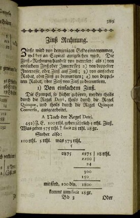Zinß Rechnung. - Zinß auf Zinß-Rechnung.