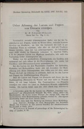 Ueber Athmung der Larven und Puppen von Donacia crassipes.