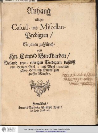Anhang etlicher Casual- und Miscellan- Predigten ...