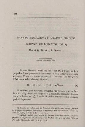 Sulla determinazione di quattro funzioni mediante une´ equazione unica.