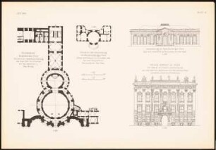 Klosterkirche, Ettal. Amalienburg im Nymphenburger Park, München. Palais Kinsky, Wien: Grundriss Ettal, Grundriss, Ansicht Nymphenburg, Wien (aus: Baukunst d. Barock in Deutschland, hrsg. v. Zeichenaussch. d. Stud. d. TH Berlin, 1875)