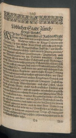 Löblicher Stadt Zürich/ Kriegs-Artickel.