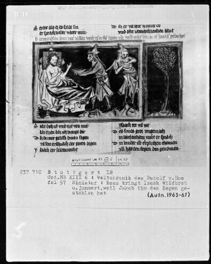 Weltchronik - Bruder Philipp — ---, Folio 1recto-256recto---, Folio 1recto-256rectoEsau bringt Isaak Wildbret und klagt, Folio 57recto