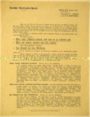 Werbeflugblatt der Deutschen Vaterlands-Partei für Alfred Koeppens Propagandalichtbildervorträge über germanische Kultur und die "Auslieferung" Belgiens, Lettlands und Estlands an England