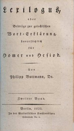 Lexilogus oder Beiträge zur griechischen Wort-Erklärung, hauptsächlich für Homer und Hesiod, 2