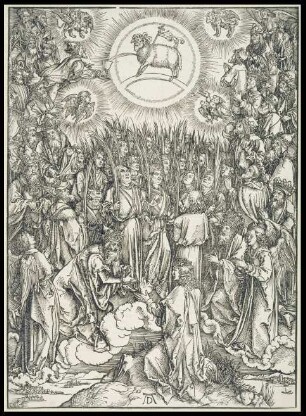 Lobgesang der Auserwählten / Anbetung des Lammes, aus der Folge der Apokalypse, Urausgabe Latein 1498