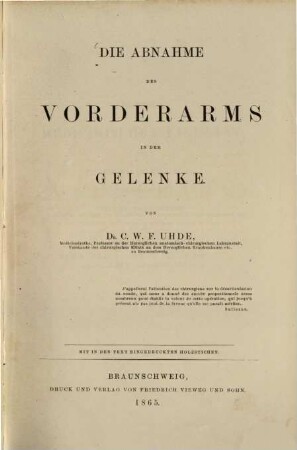 Die Abnahme des Vorderarms in dem Gelenke : Mit in den Text eingedruckten Holzstichen