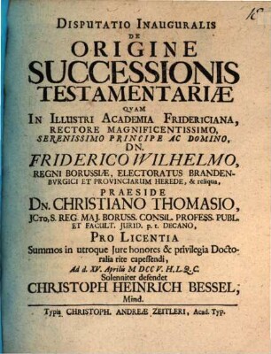 Disputatio Inauguralis De Origine Successionis Testamentariae