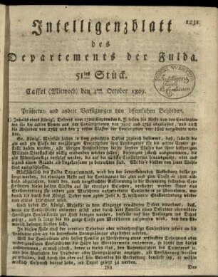 51tes Stueck, (Mitwoch) den 4ten October 1809