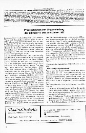 Pressestimmen zur Eingemeindung der Elbvororte aus dem Jahre 1927