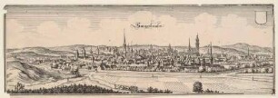 Panorama-Stadtansicht von Sangerhausen südöstlich des Harzes, aus Merians Topographia Superioris Saxoniae