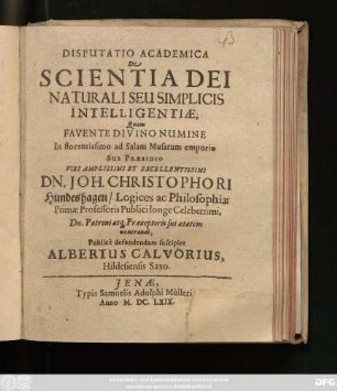Disputatio Academica De Scientia Dei Naturali Seu Simplicis Intelligentiae