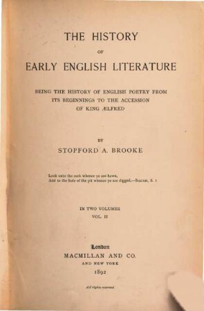 The History of early English Literature being the history of English poetry from its beginnings to the accession of King Aelfred, II