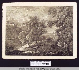 Eine Frau, einen Heuballen tragend, mit einem Esel in bewaldeter, italienischer Berglandschaft