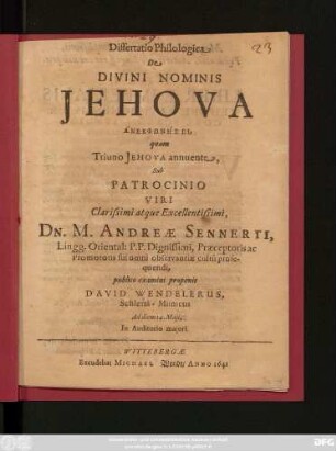 Dissertatio Philologica De Divini Nominis Jehova Anekphōnēsei