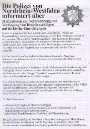 Informationsschrift der Polizei mit Hinweisen zum Schutz vor Übergriffen auf türkische Bürger (zweisprachig)