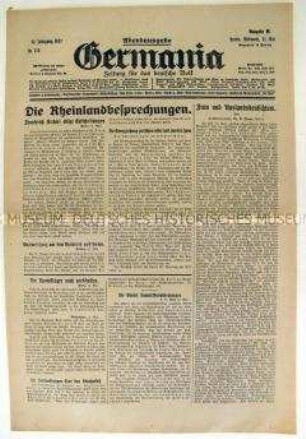 Tageszeitung des Zentrum "Germania" u.a. zur Rheinlandbesetzung