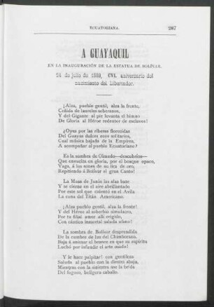 A Guayaquil en la inauguración de la estatua de Bolívar : 24 de julio de 1889, CVI. aniversario del nacimiento del libertador