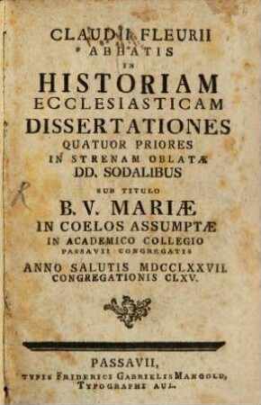 In historiam Ecclesiasticam : dissertationes 4 priores