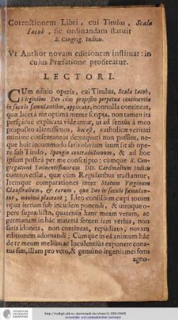 Correctionem Libri, cui Titulus, Scala Iacob, sic ordinandam statuit S.Congreg. Indicis. [...] LECTORI.