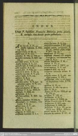 Index. Litera P. significat Praecepta Rhetorica partis prioris, E. exemplo bene dicendi partis posterioris