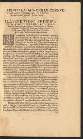 Epistola Academiae Witembergensis, Ad D. Fridericum Saxoniae Ducem &c. In causa Lutheri.