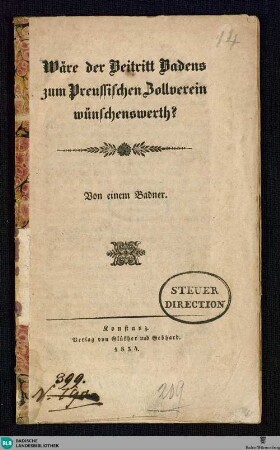 Wäre der Beitritt Badens zum Preussischen Zollverein wünschenswerth?