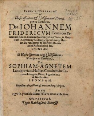 Euphemiae nuptiales ad Joannem Fridericum Comitem Palatinum Rheni
