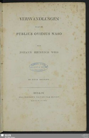 1: Verwandlungen Nach Publius Ovidius Naso : In Zwei Theilen