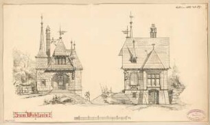 Weinberghäuschen an der Mosel Monatskonkurrenz Februar 1889: Aufriss Eingangsansicht, Seitenansicht; Maßstabsleiste