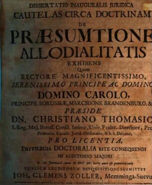 Dissertatio inauguralis iuridica cautelas circa doctrinam de praesumtione allodialitatis exhibens