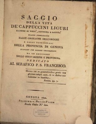 Saggio della vita de'Cappuccini Liguri illustri in virtù, dottrina e santità