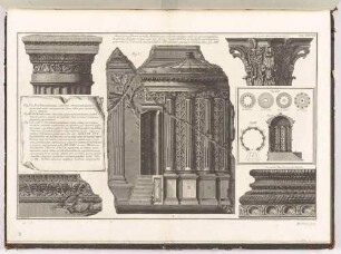 Verschiedene architektonische Details, einschließlich der Fragmente des Vesta-Tempels in Rom, aus der Folge "Della Magnificenza ed Architettura de’ Romani", Tafel XXXVIII.
