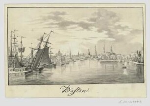 Ansicht von Boston vom Hafen aus, Zeichnung, um 1850? : Boston. - [Sl: um 1850?]. - 1 Kunstbl. : aquarellierte Zeichnung, 15 x 8 cm