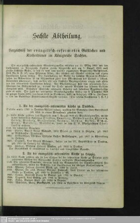 Sechste Abtheilung. Verzeichniß der evangelisch-reformirten Geistlichen und Kirchendiener Königreiche Sachsen