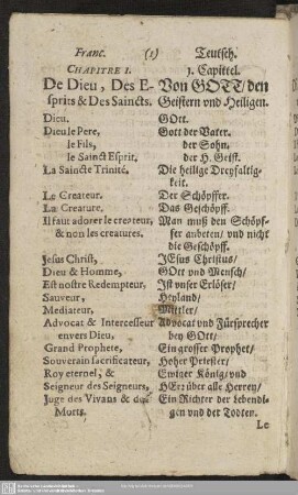 Chapitre 1. De Dieu, Des Espritas & Des Saincts. 1. Capittel. Von Gott, den Geistern vnd Heilligen