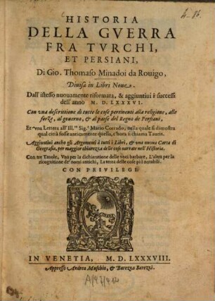 Historia della guerra fra Turchi et Persiani : Divisa in Libri 9