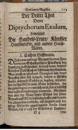 Der Dritte Theil Derer Diptychorum Exulum, benennet Die Handels-Leute, Künstler Handwercker, und andere Hauß-Väter