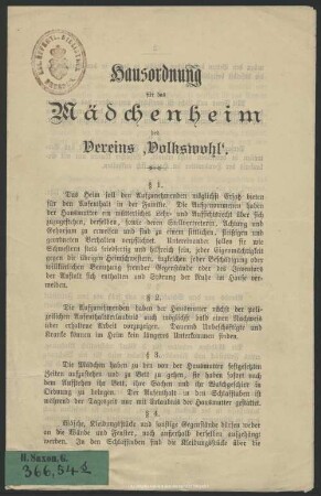 Hausordnung für das Mädchenheim des Vereins "Volkswohl"