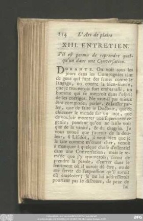XIII. Entretien. S'il est permis de reprendre quelqu'un dans une Conversation.
