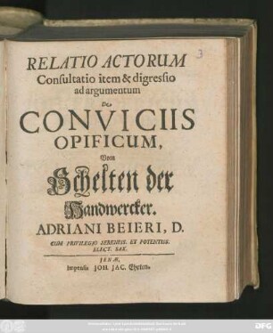Relatio Actorum Consultatio item & digressio ad argumentum De Conviciis Opificum