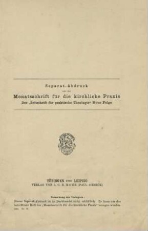 Titelblatt "Separat-Abdruck aus der Monatsschrift für die kirchliche Praxis"