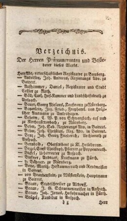 Verzeichnis. Der Herren Pränumeranten und Beförderer dieses Werks